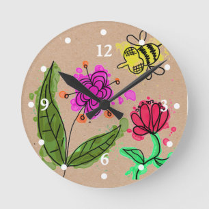 Whimsical Painted Flowers and Bee Clock