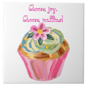 Whimsical Painted Muffin Art with Pink Flower Ceramic Tile