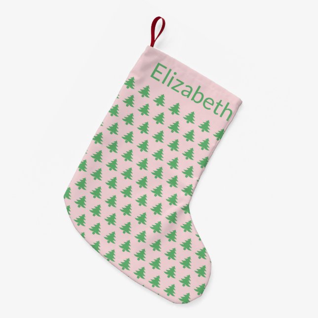 Whimsical Pale Pink and Green Christmas Tree Name Small Christmas Stocking (Front (Hanging))