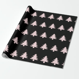 Whimsical Pale Pink Christmas Trees on Black Wrapping Paper