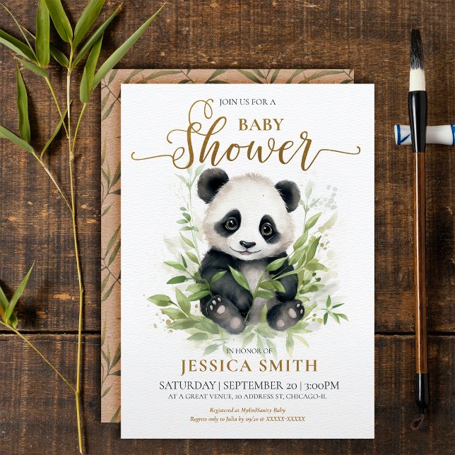 Whimsical Panda Baby Shower Invitation (Whimsical Baby Panda Invitation: Cute bear + bamboo leaves = Pure adorableness! )