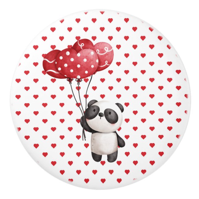 Whimsical Panda Bear With Balloons And Hearts    C Ceramic Knob (Front)