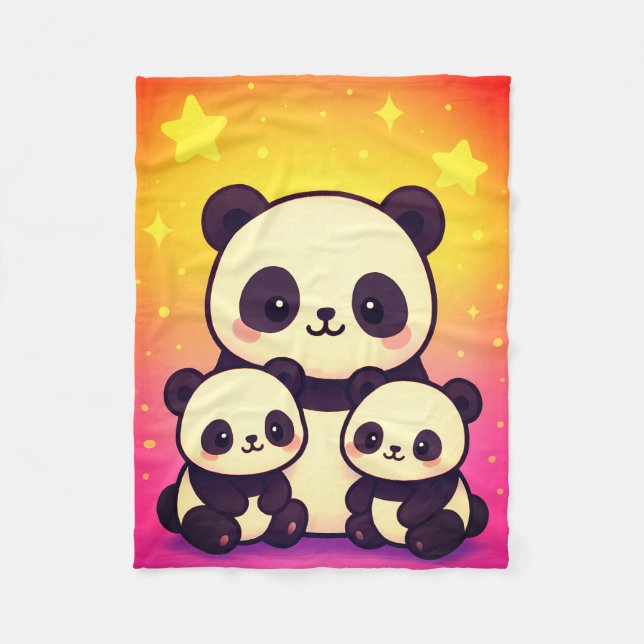 Whimsical Panda Trio in Gradient Dreamscape Fleece Blanket (Front)