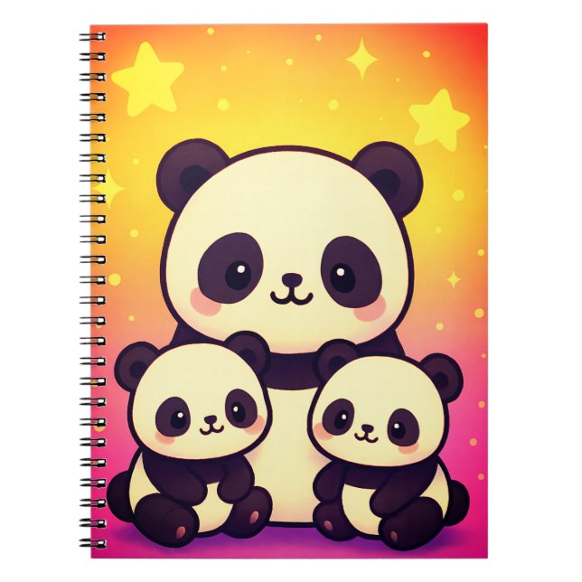 Whimsical Panda Trio in Gradient Dreamscape Notebook (Front)