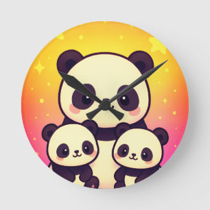 Whimsical Panda Trio in Gradient Dreamscape Round Clock