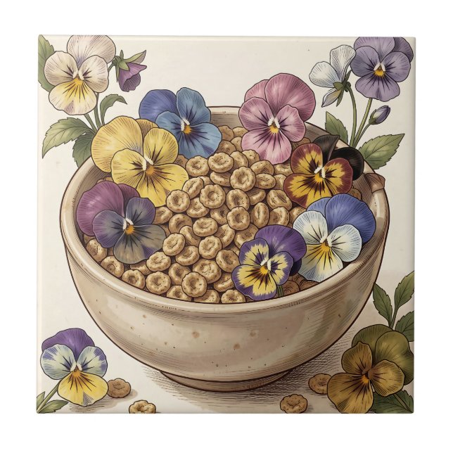 Whimsical Pansy Flower Cereal Bowl Ceramic Tile (Front)