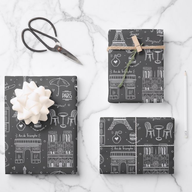 Whimsical Paris Doodles Pattern  Wrapping Paper Sheet (Front)