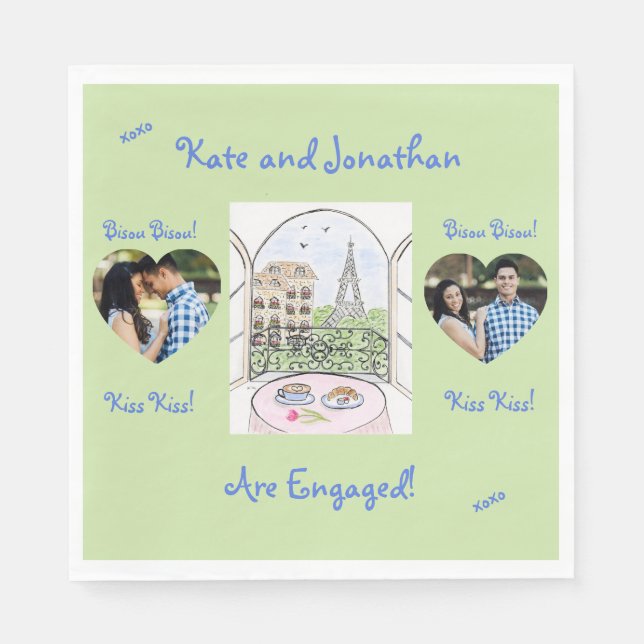 Whimsical Paris Eiffel Tower Bisou Kiss PHOTO Napkin (Front)