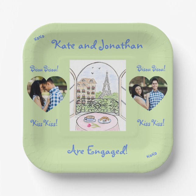 Whimsical Paris Eiffel Tower Bisou Kiss PHOTO Paper Plate (Front)
