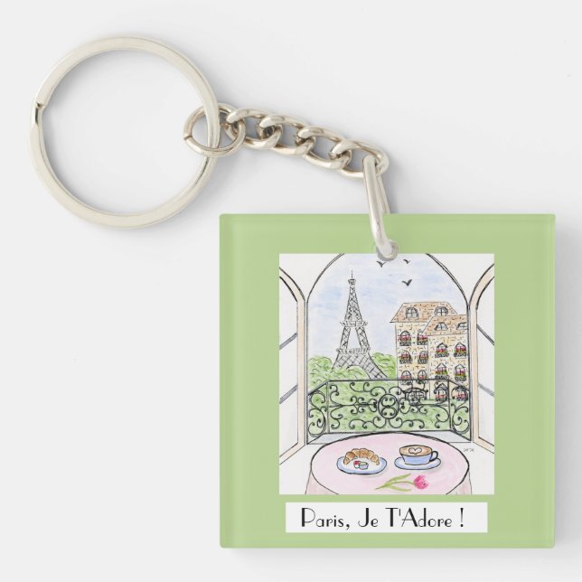 Whimsical Paris Eiffel Tower I Adore You! Key Ring (Front)