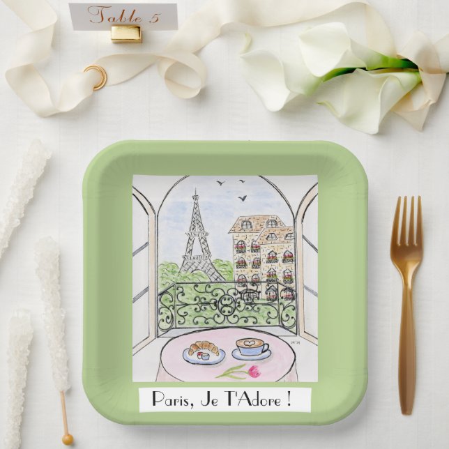 Whimsical Paris Eiffel Tower I Adore You! Paper Plate (Wedding)