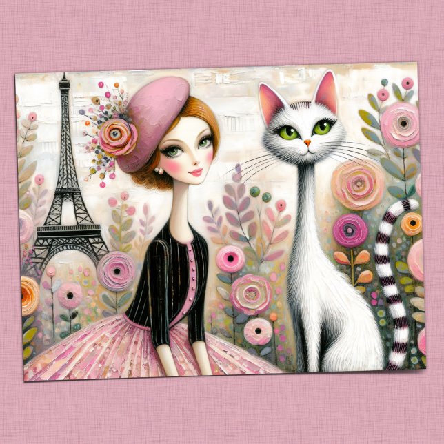 Whimsical Parisian Lady with Slender White Cat Postcard (Creator Uploaded)