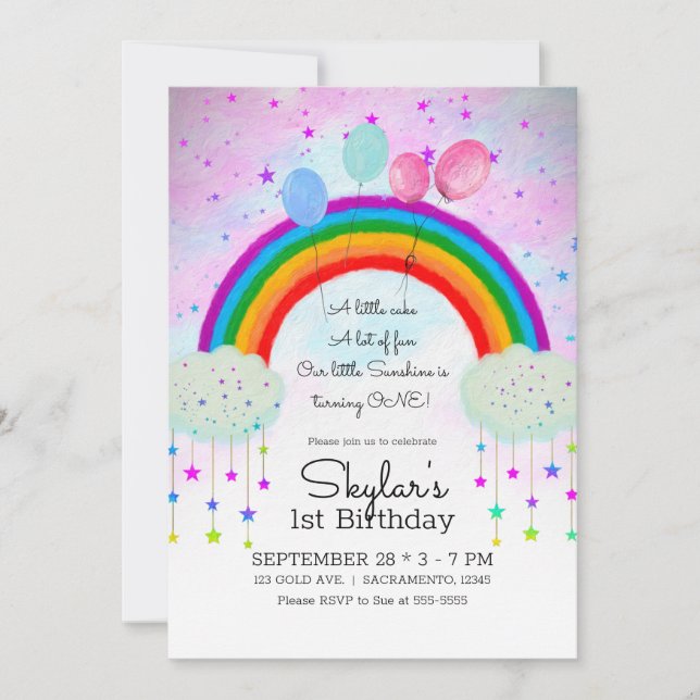 Whimsical Party Balloons Rainbow Stars 1st 1 Invitation (Front)