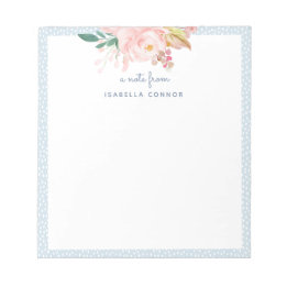 Whimsical Pastel Blue Dots Frame Watercolor Rose Notepad