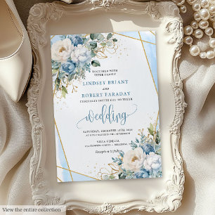 Whimsical Pastel Blue Sage Gold Flowers Invitation