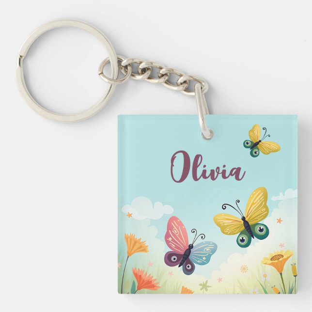 Whimsical Pastel Butterfly Garden Key Ring (Front)