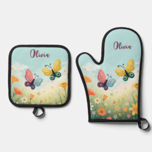 Whimsical Pastel Butterfly Garden Oven Mitt & Pot Holder Set
