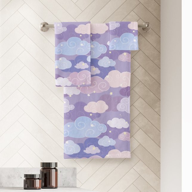 Whimsical Pastel Clouds and Stars Pattern Bath Towel Set (Whimsical Purple Sky & Clouds Pattern Bath Towel Set)