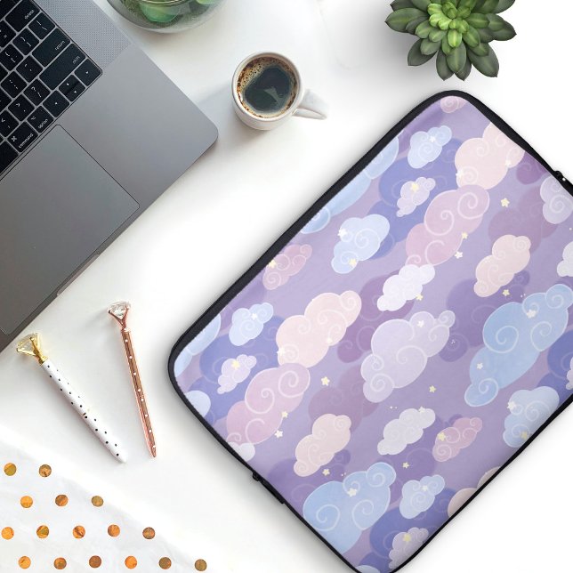 Whimsical Pastel Clouds and Stars Pattern Laptop Sleeve (Whimsical Purple Clouds and Sky Patterned Laptop Sleeve)