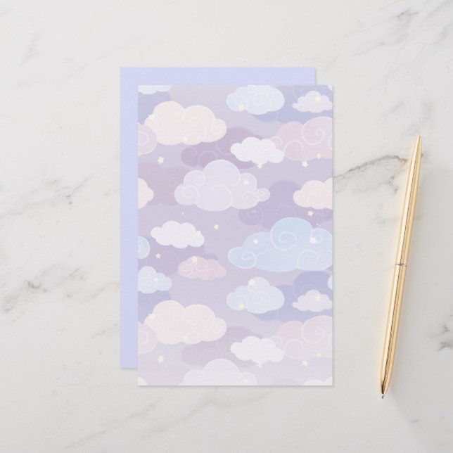 Whimsical Pastel Clouds and Stars Pattern Stationery (Front/Back In Situ)