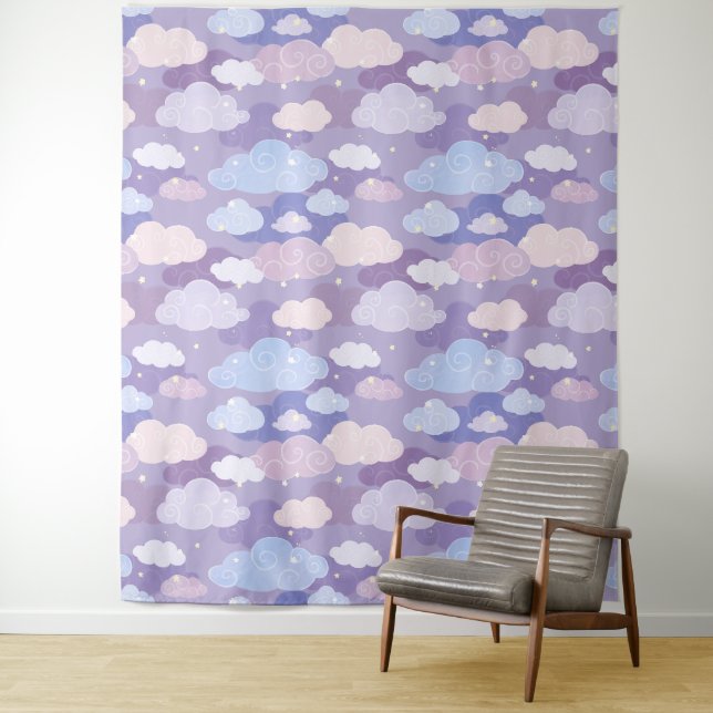 Whimsical Pastel Clouds and Stars Pattern Tapestry (In Situ)