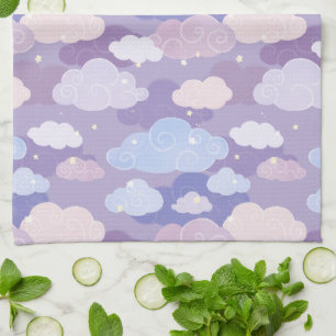 Whimsical Pastel Clouds and Stars Pattern Tea Towel