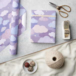 Whimsical Pastel Clouds and Stars Pattern Wrapping Paper