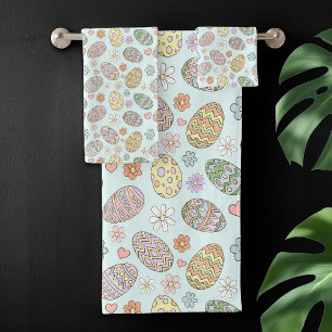 Whimsical Pastel Cute Easter Eggs Floral Patter Bath Towel Set