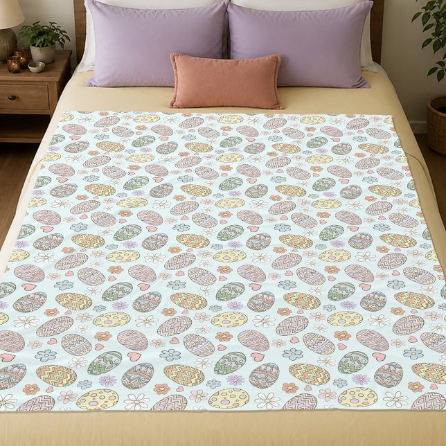 Whimsical Pastel Cute Easter Eggs Floral Pattern Fleece Blanket (Creator Uploaded)