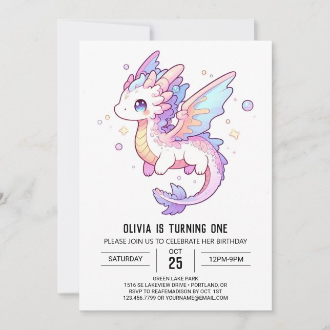 Whimsical Pastel Dragon 1st Birthday Invitation (Front)