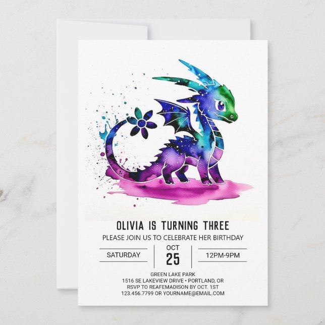 Whimsical Pastel Dragon Digital Girl Birthday Invitation (Front)