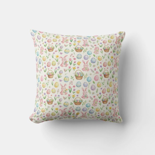 Whimsical Pastel Easter Bunny & Floral Pattern Cushion (Front)