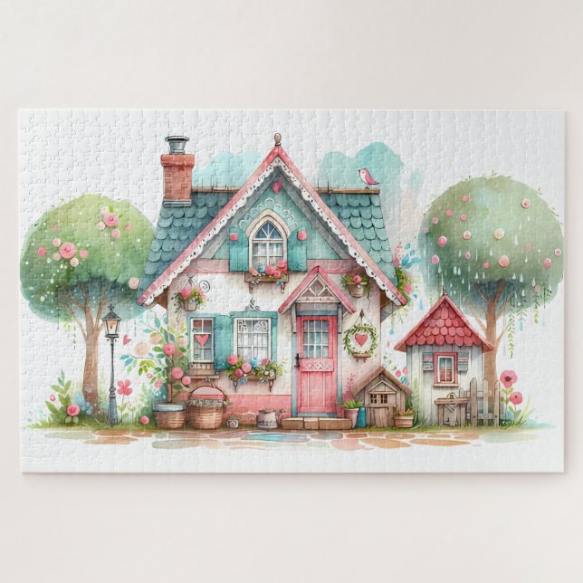 Whimsical Pastel Fairy Tale Cottage Art Jigsaw Puzzle (Horizontal)