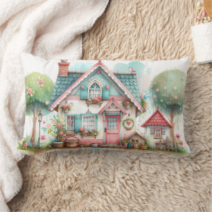 Whimsical Pastel Fairy Tale Cottage Art Lumbar Cushion