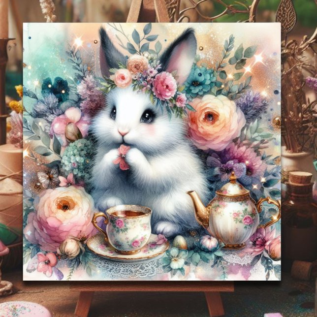 Whimsical Pastel Floral Easter Bunny Tea Garden Holiday Card (Creator Uploaded)