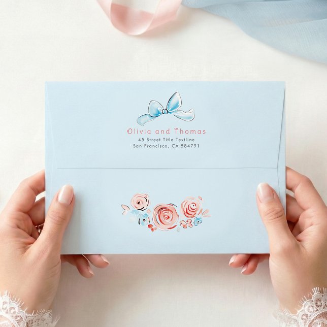 Whimsical Pastel Flowers and Blue Bow Elegant Envelope (Dusty Blue and Pink Whimsical Coquette Wedding Envelopes)