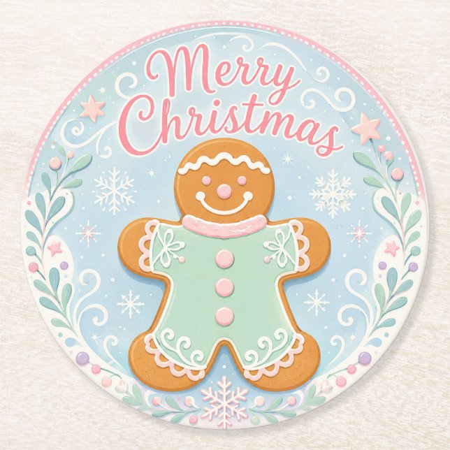 Whimsical Pastel Gingerbread Man Round Paper Coaster (Front)