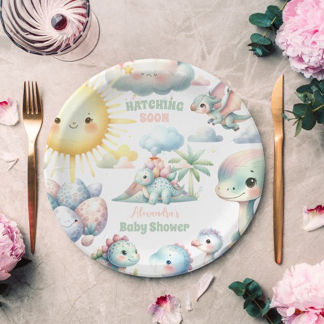 Whimsical Pastel Hatching Soon Dino Baby Shower Paper Plate (Creator Uploaded)