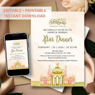 Whimsical Pastel Mosque and Cherry Blossom Iftar Invitation