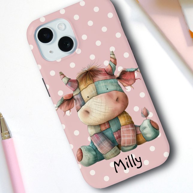 Whimsical Pastel Patchwork Cow Add Custom Name  Case-Mate iPhone Case (Creator Uploaded)