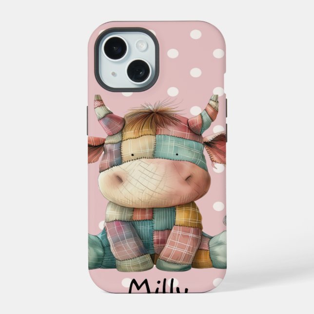 Whimsical Pastel Patchwork Cow Add Custom Name  iPhone 15 Case (Back)