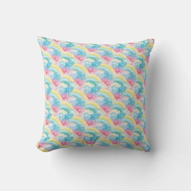 Whimsical Pastel Pattern with Hearts and Rainbows Cushion (Front)