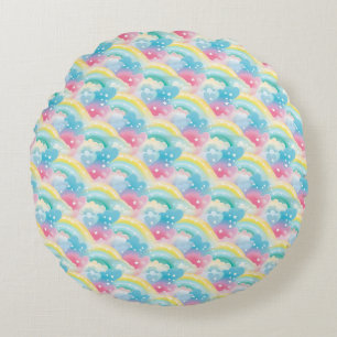 Whimsical Pastel Pattern with Hearts and Rainbows Round Cushion