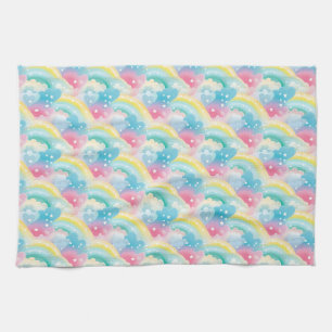 Whimsical Pastel Pattern with Hearts and Rainbows Tea Towel