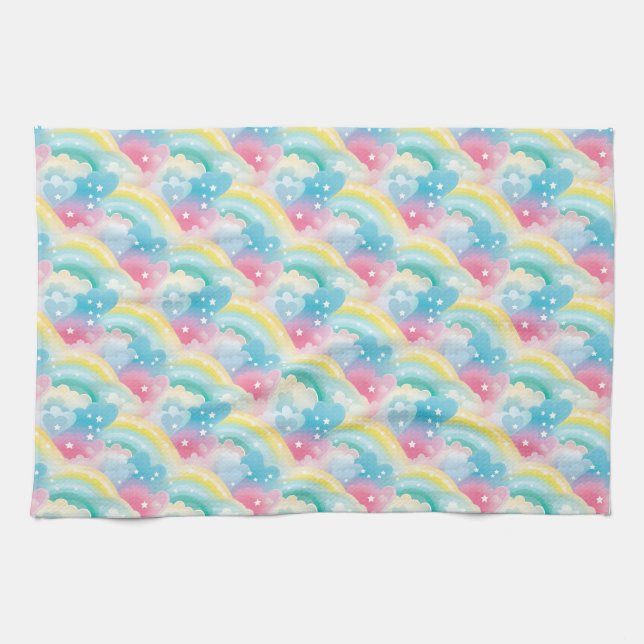 Whimsical Pastel Pattern with Hearts and Rainbows Tea Towel (Horizontal)