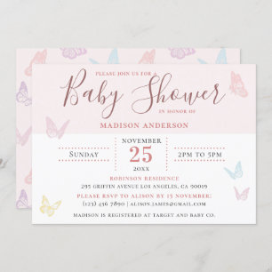Whimsical Pastel Pink Butterfly Girl Baby Shower Invitation