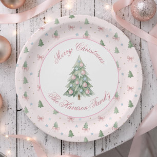 Whimsical Pastel Pink Christmas Tree Seamless Paper Plate