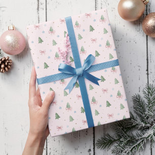 Whimsical Pastel Pink Christmas Tree Seamless Wrapping Paper