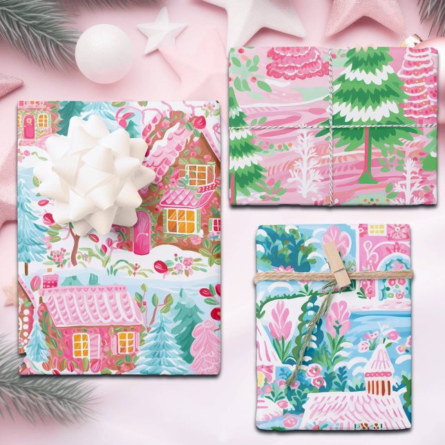Whimsical Pastel Pink Gingerbread Village,  Wrapping Paper Sheet (Creator Uploaded)