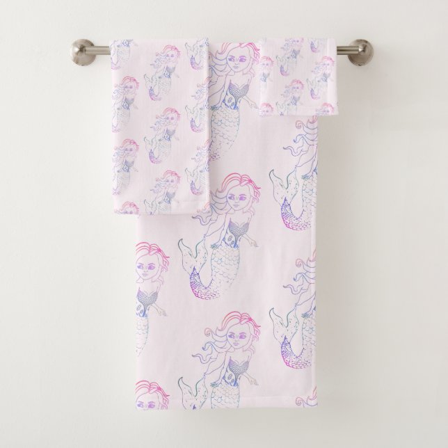 Whimsical Pastel Pink Mermaid Pattern Print Bath Towel Set (Insitu)